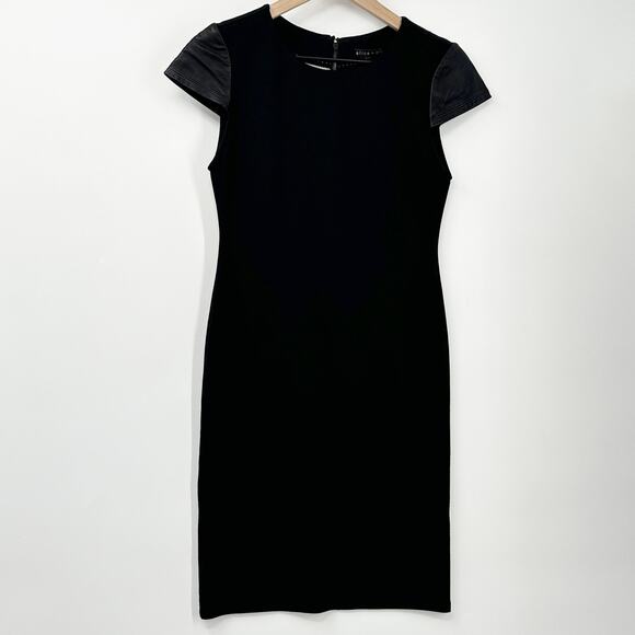Alice + Olivia Gracie Black Sheath Dress Leather Cap Sleeves in Black Size 2‎ - Picture 3 of 12